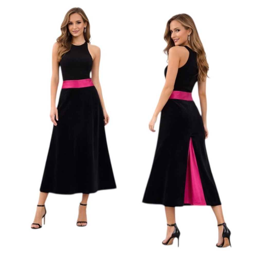 Vintage Black Velvet Midi Skirt Pink Satin Waist Contrast A-Line 10 Hong Kong